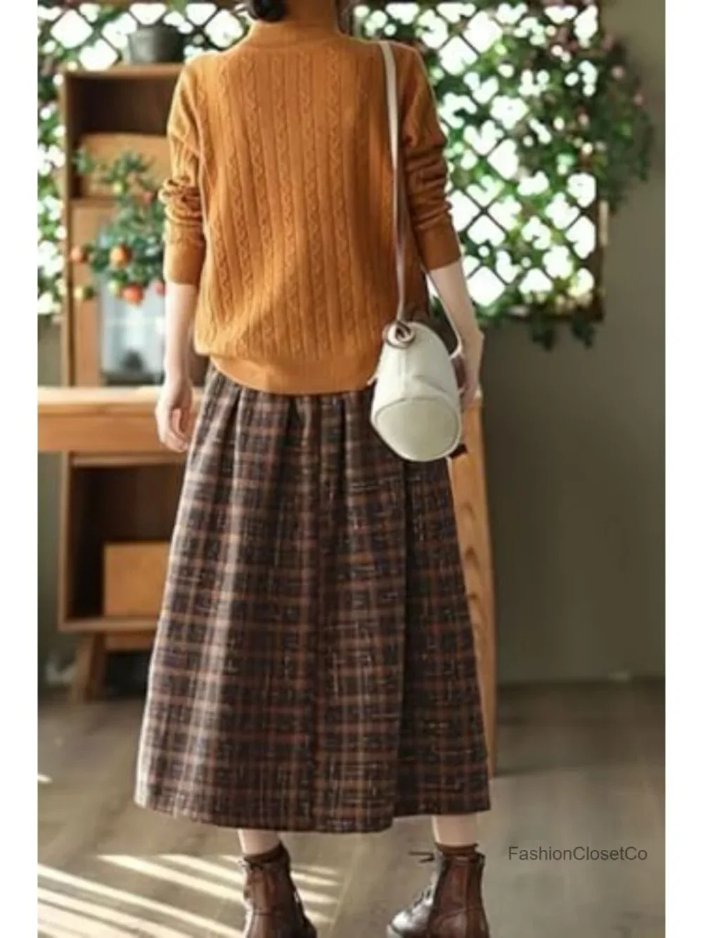 Women's Vintage Plaid A-Line Midi Wool Skirt with Pockets